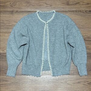 Commense Pearl Trim Ripped Hem Cardigan